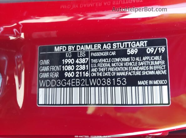 WDD3G4EB2LW038153 2020 MERCEDES-BENZ A 220 Красный Вид подкапотного пространства