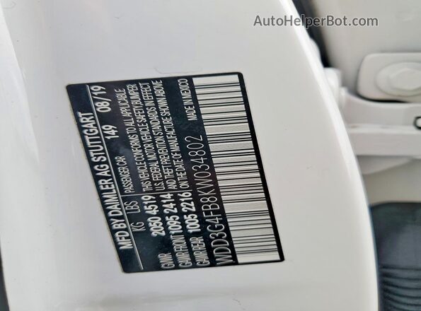 WDD3G4FB8KW034802 2019 MERCEDES-BENZ A White Widok naklejki z numerem VIN