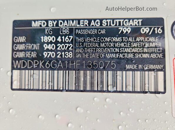 WDDPK6GA1HF135075 2017 MERCEDES-BENZ SLC White Вид наклейки з VIN-кодом