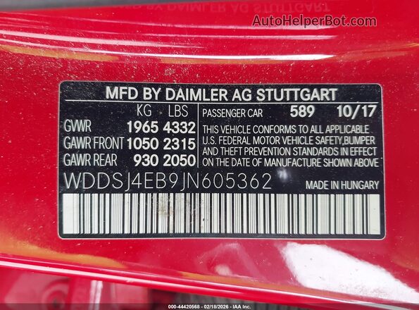 WDDSJ4EB9JN605362 2018 MERCEDES-BENZ CLA 250 Красный Вид подкапотного пространства