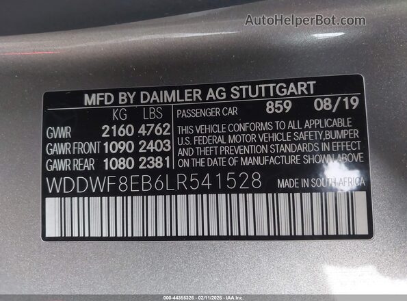 WDDWF8EB6LR541528 2020 MERCEDES-BENZ C-CLASS Gray ძრავის განყოფილების ხედი