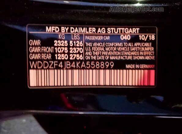 WDDZF4JB4KA558899 2019 MERCEDES-BENZ E Black VIN կոդի պիտակի տեսք