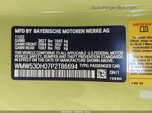 WMW53DH07P2T86694 2023 MINI HARDTOP Green Вид підкапотного простору