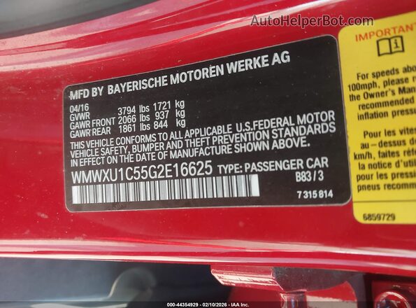 WMWXU1C55G2E16625 2016 MINI HARDTOP Красный Вид подкапотного пространства