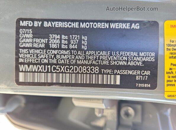 WMWXU1C5XG2D08338 2016 MINI COOPER Зеленый Вид наклейки с VIN-кодом