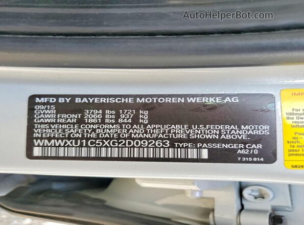 WMWXU1C5XG2D09263 2016 MINI COOPER Серый Вид наклейки с VIN-кодом