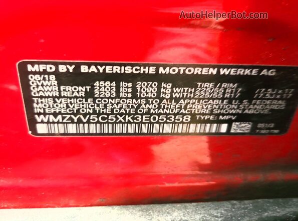 WMZYV5C5XK3E05358 2019 MINI COOPER Красный Вид наклейки с VIN-кодом