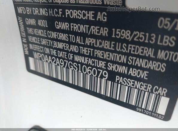WP0AA2A97GS106079 2016 PORSCHE 911 Белый Вид подкапотного пространства