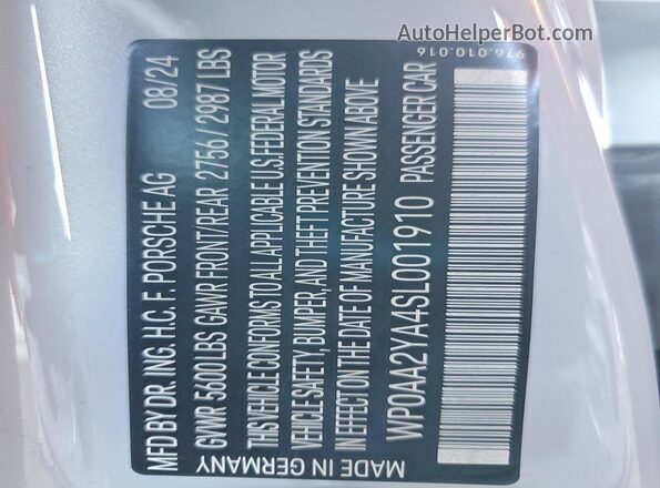 WP0AA2YA4SL001910 2025 PORSCHE PANAMERA White Vista de la etiqueta del VIN