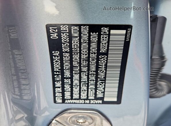 WP0AB2Y14MSA44863 2021 PORSCHE TAYCAN Серебряный Вид наклейки с VIN-кодом