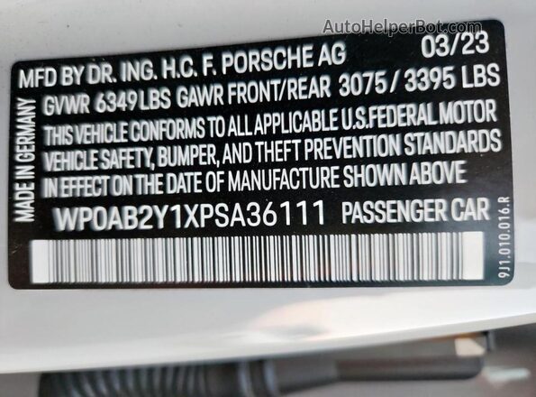WP0AB2Y1XPSA36111 2023 PORSCHE TAYCAN Серый Вид наклейки с VIN-кодом
