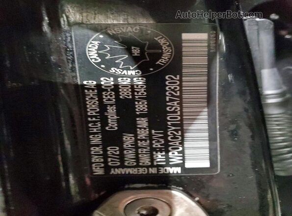 WP0AC2Y10LSA72302 2020 PORSCHE TAYCAN Черный Вид наклейки с VIN-кодом