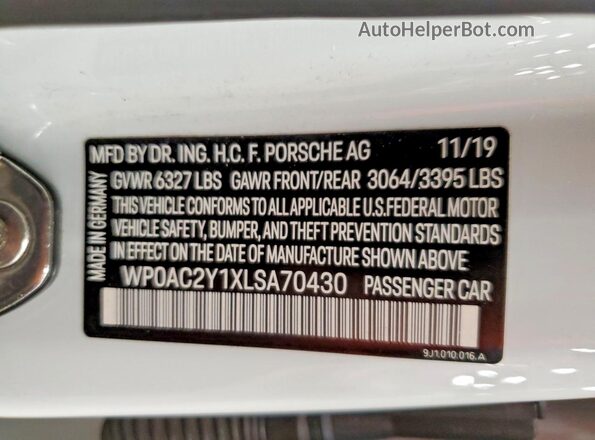 WP0AC2Y1XLSA70430 2020 PORSCHE TAYCAN Белый Вид наклейки с VIN-кодом