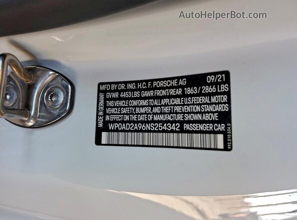 WP0AD2A96NS254342 2022 PORSCHE 911 Белый Вид наклейки с VIN-кодом