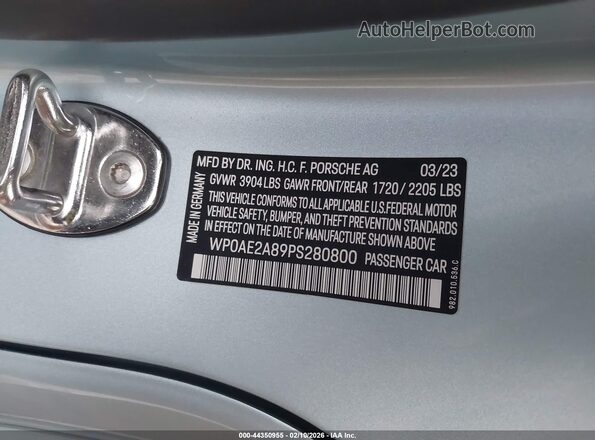 WP0AE2A89PS280800 2023 PORSCHE 718 CAYMAN Light Blue Вид подкапотного пространства