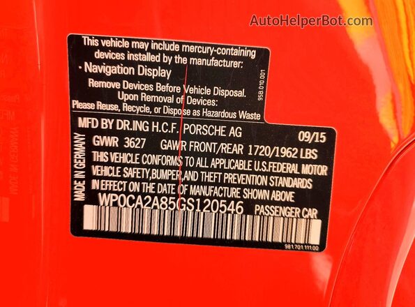 WP0CA2A85GS120546 2016 PORSCHE BOXSTER Красный Вид подкапотного пространства