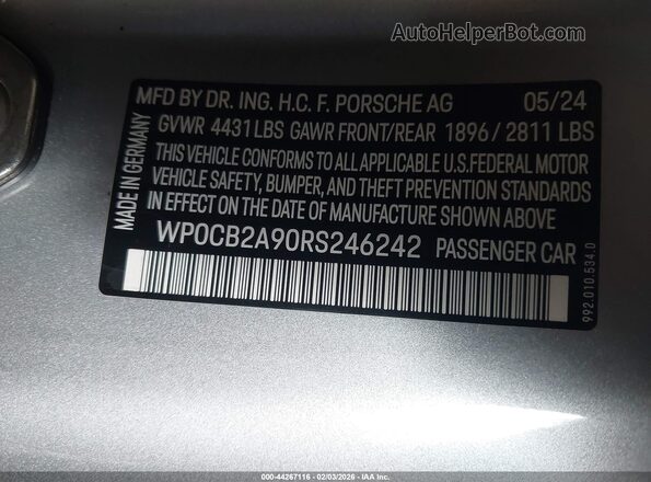 WP0CB2A90RS246242 2024 PORSCHE 911 Серебряный Вид подкапотного пространства