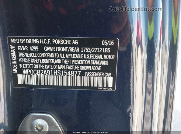 WP0CB2A91HS154877 2017 PORSCHE 911 Blue Вид підкапотного простору