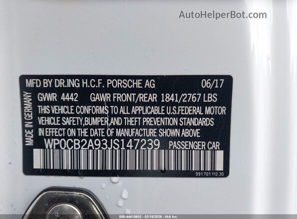 WP0CB2A93JS147239 2018 PORSCHE 911 White Widok komory silnika