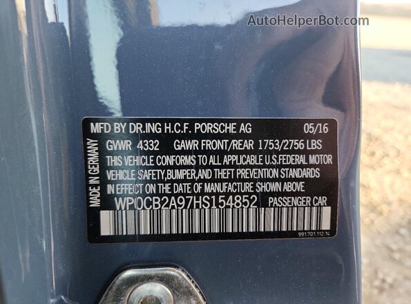 WP0CB2A97HS154852 2017 PORSCHE 911 Gray Widok naklejki z numerem VIN