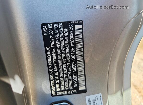 WP0CD2A85SK230125 2025 PORSCHE BOXSTER Серебряный Вид наклейки с VIN-кодом