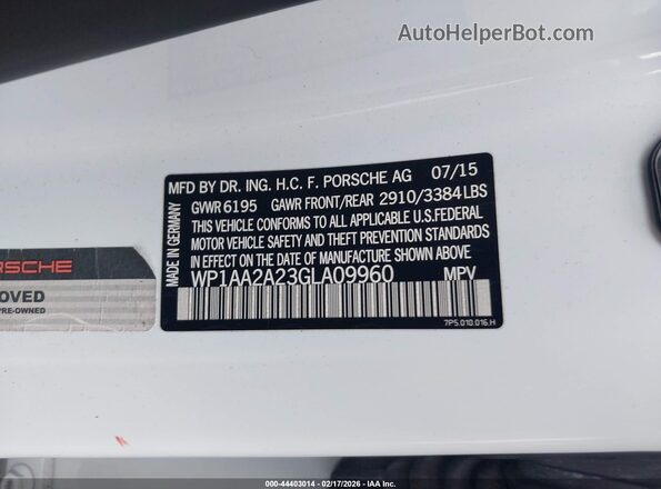 WP1AA2A23GLA09960 2016 PORSCHE CAYENNE Белый Вид подкапотного пространства