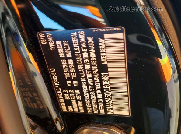WP1AA2A50KLB08481 2019 PORSCHE MACAN Черный Вид наклейки с VIN-кодом