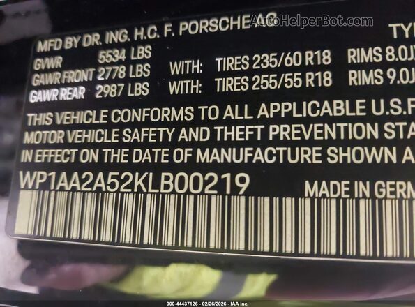 WP1AA2A52KLB00219 2019 PORSCHE MACAN Черный Вид подкапотного пространства