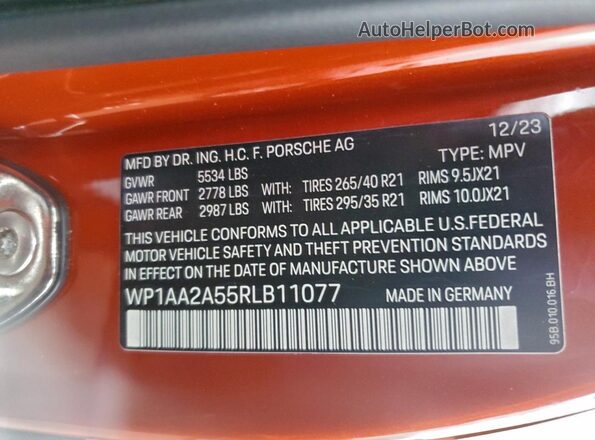 WP1AA2A55RLB11077 2024 PORSCHE MACAN Orange Widok naklejki z numerem VIN