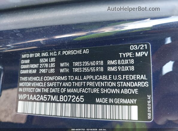 WP1AA2A57MLB07265 2021 PORSCHE MACAN Blue Widok komory silnika