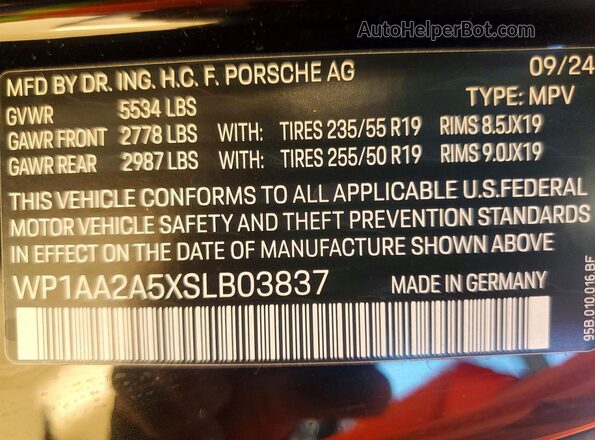 WP1AA2A5XSLB03837 2025 PORSCHE MACAN Черный Вид наклейки с VIN-кодом