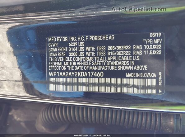 WP1AA2AY2KDA17460 2019 PORSCHE CAYENNE Черный Вид подкапотного пространства