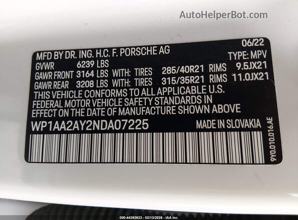 WP1AA2AY2NDA07225 2022 PORSCHE CAYENNE Белый Вид подкапотного пространства