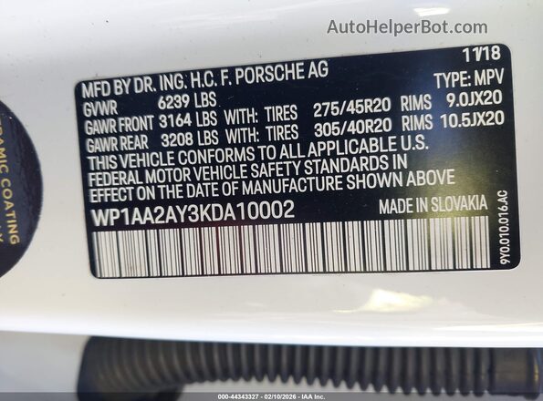 WP1AA2AY3KDA10002 2019 PORSCHE CAYENNE White Engine compartment view