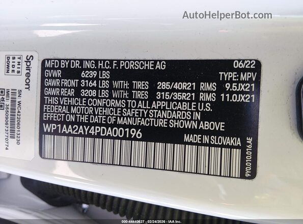 WP1AA2AY4PDA00196 2023 PORSCHE CAYENNE White ძრავის განყოფილების ხედი