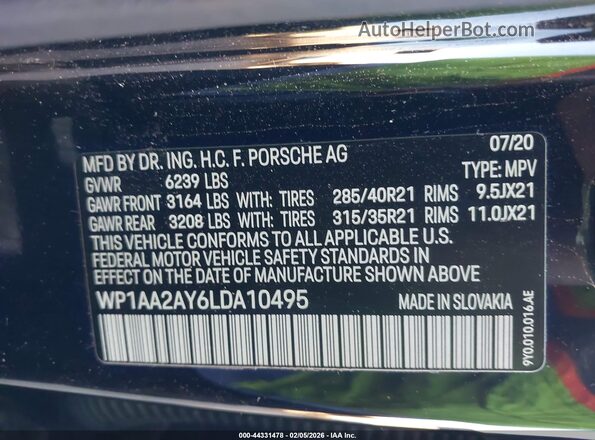 WP1AA2AY6LDA10495 2020 PORSCHE CAYENNE Black Widok komory silnika