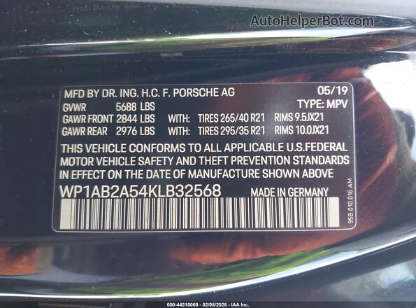 WP1AB2A54KLB32568 2019 PORSCHE MACAN Black Widok komory silnika
