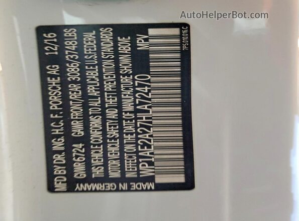 WP1AE2A27HLA72470 2017 PORSCHE CAYENNE White Vista de la etiqueta del VIN