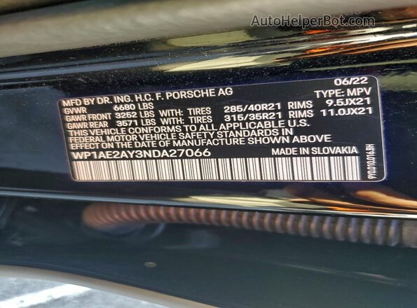 WP1AE2AY3NDA27066 2022 PORSCHE CAYENNE Black Вид наклейки з VIN-кодом
