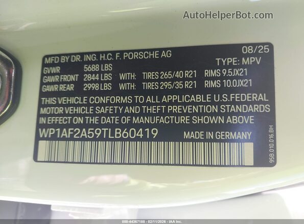 WP1AF2A59TLB60419 2026 PORSCHE MACAN Белый Вид подкапотного пространства