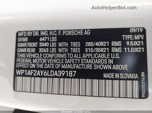 WP1AF2AY6LDA39187 2020 PORSCHE CAYENNE White Widok komory silnika