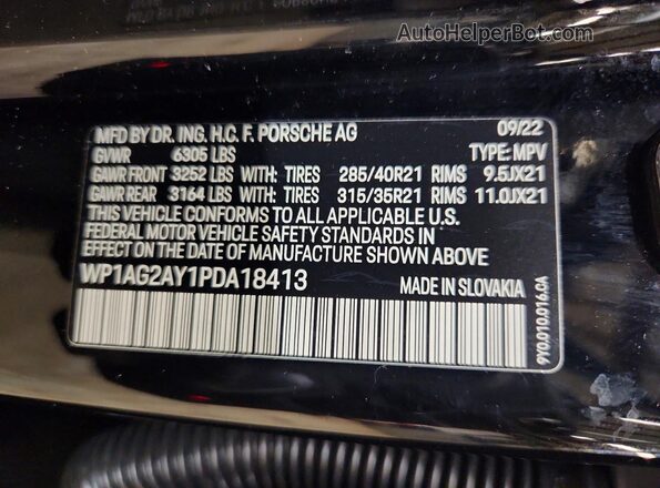WP1AG2AY1PDA18413 2023 PORSCHE CAYENNE Black Widok naklejki z numerem VIN