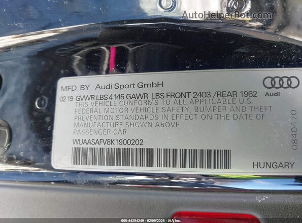 WUAASAFV8K1900202 2019 AUDI TT Черный Вид подкапотного пространства