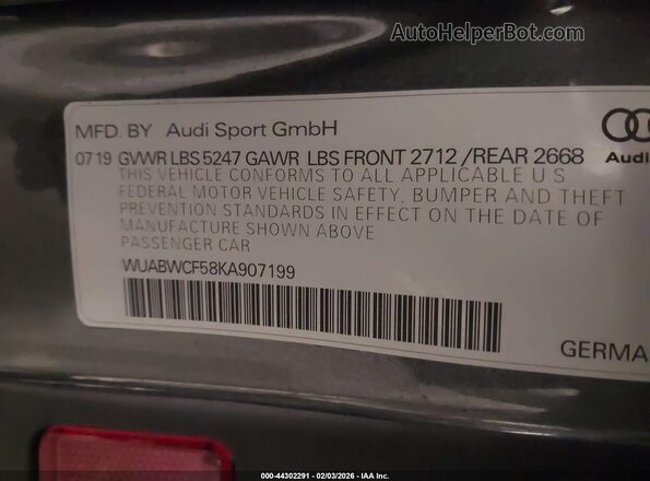 WUABWCF58KA907199 2019 AUDI RS5 Gray Widok komory silnika