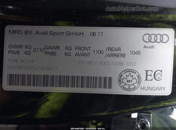 WUABWGFF0J1900617 2018 AUDI RS3 Черный Вид подкапотного пространства
