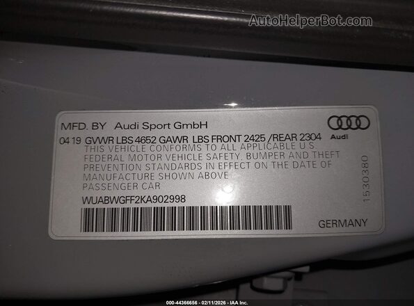 WUABWGFF2KA902998 2019 AUDI RS3 Gray Engine compartment view