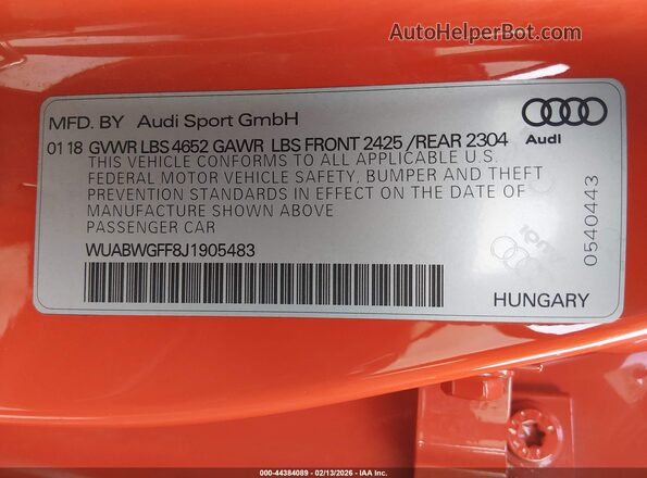 WUABWGFF8J1905483 2018 AUDI RS3 Красный Вид подкапотного пространства