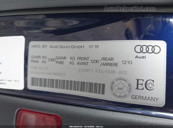 WUACWCF53KA903422 2019 AUDI RS5 Blue Widok komory silnika