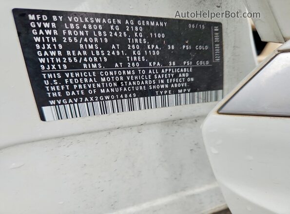 WVGAV7AX2GW014849 2016 VOLKSWAGEN TIGUAN Белый Вид наклейки с VIN-кодом