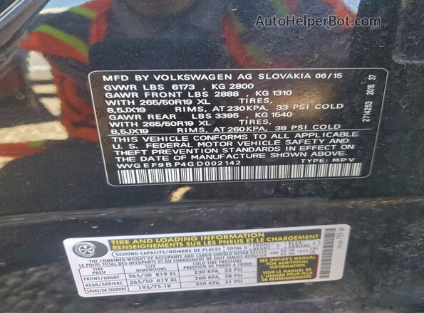 WVGEF9BP4GD002142 2016 VOLKSWAGEN TOUAREG Черный Вид наклейки с VIN-кодом